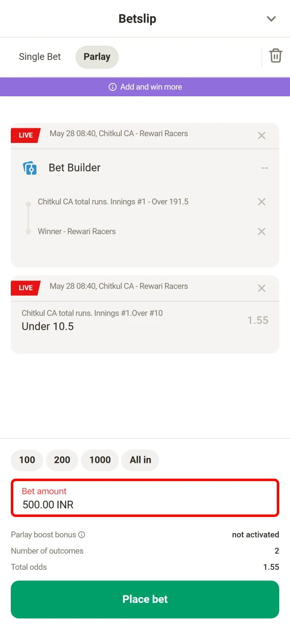 Enter your bet amount in the Parimatch app.