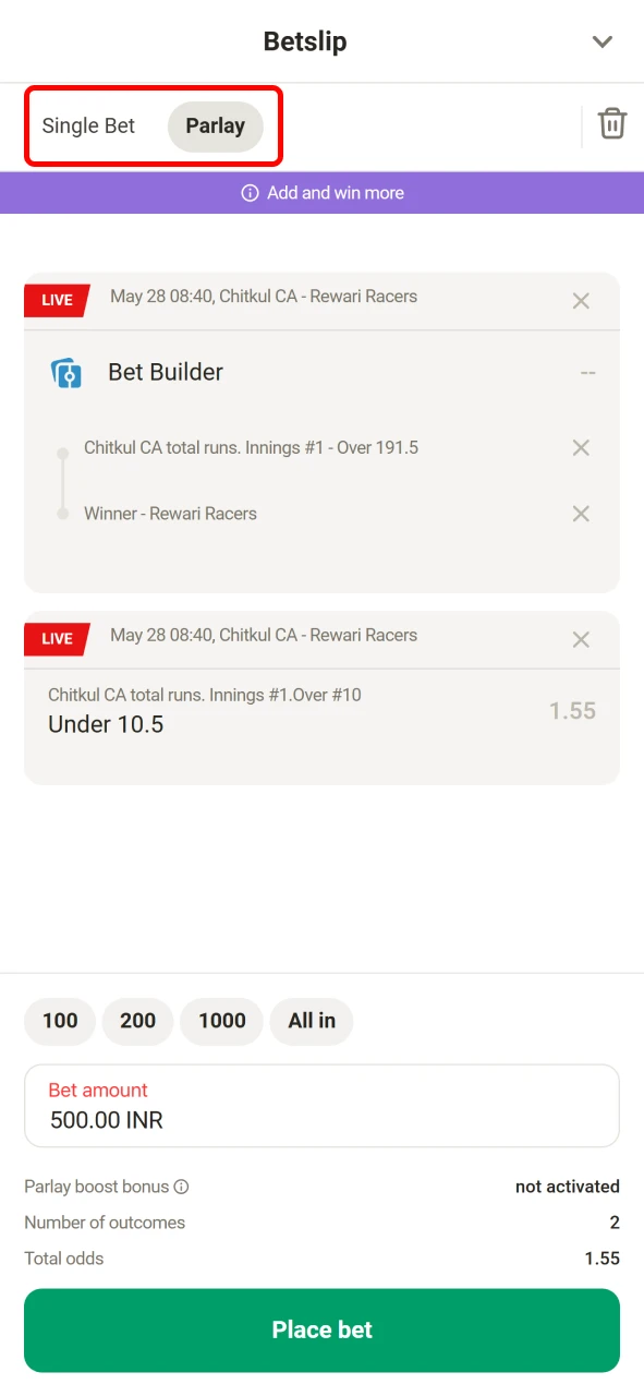 Pick a bet type and start playing with Parimatch.