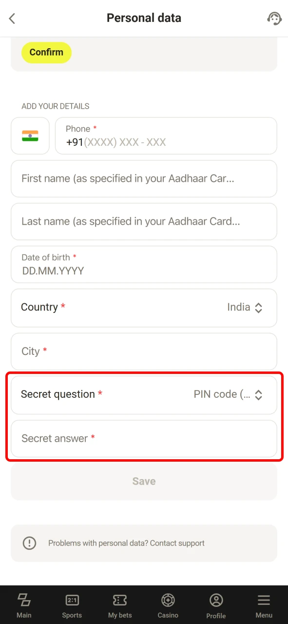 Add secret questions for better security on Parimatch.