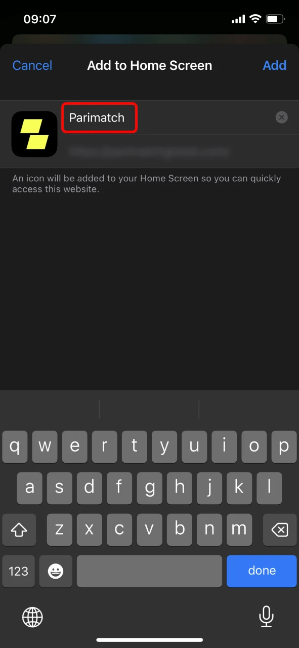 Name the app icon to launch Parimatch quickly on iOS.