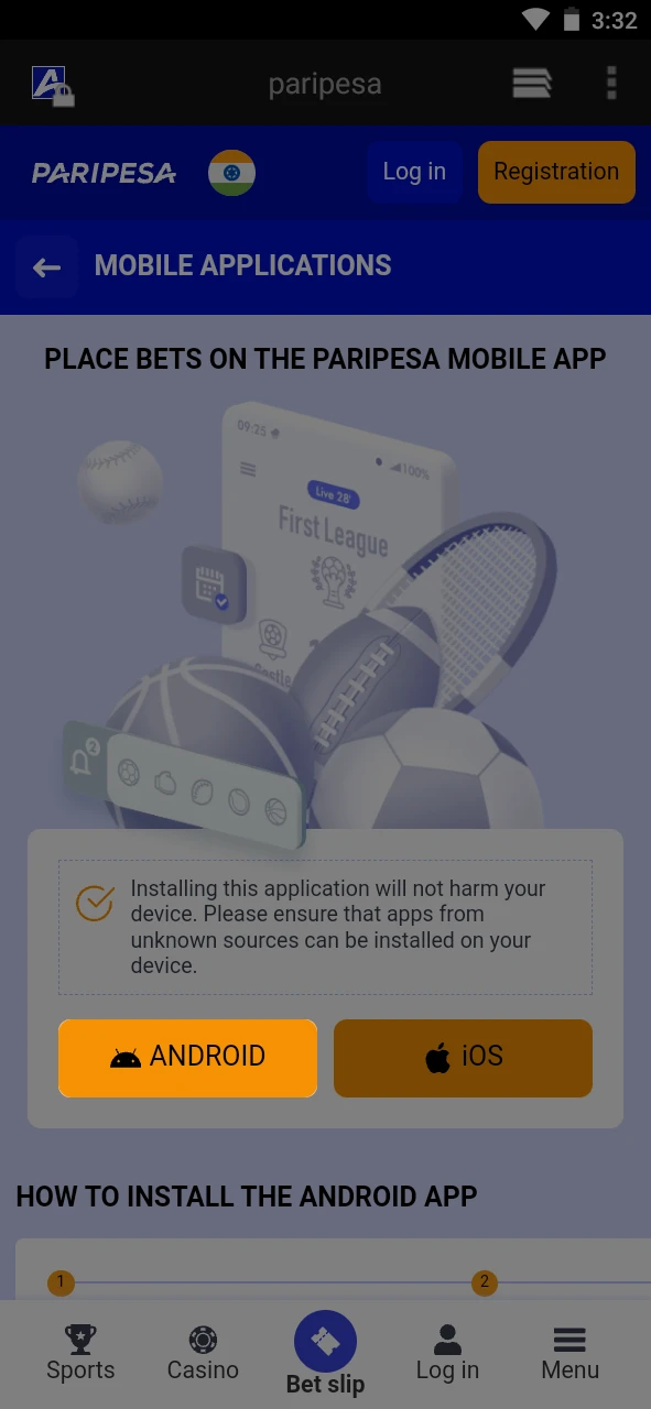 Select the version of the Paripesa app for Android.