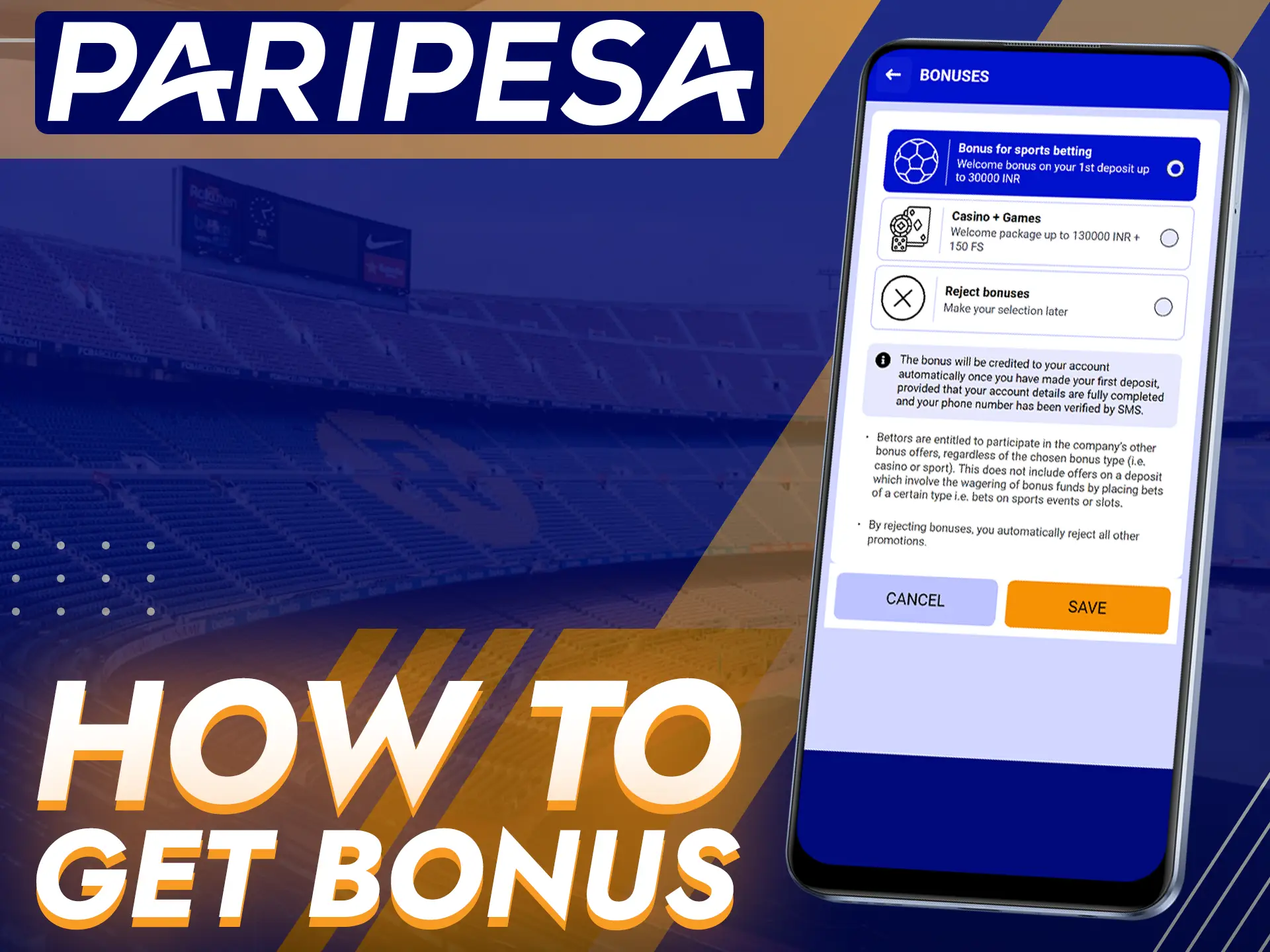Choose one of three bonuses for new Paripesa users.