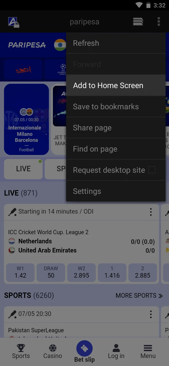 Tap Add to Home Screen to install the Paripesa Android app.