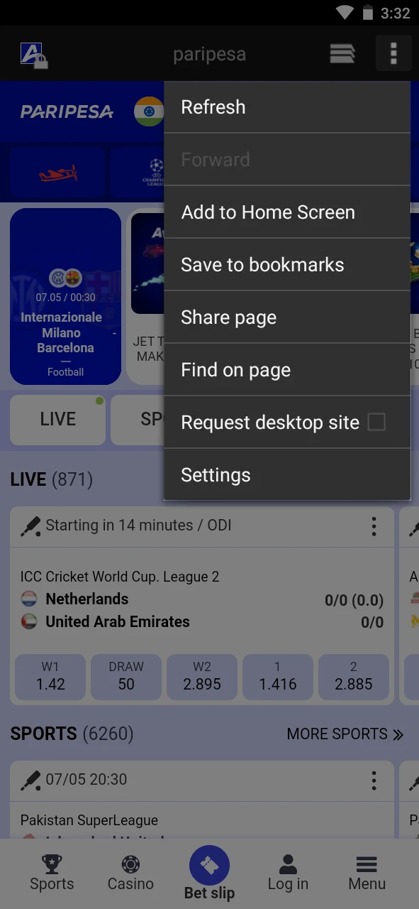 Open the browser menu from the Paripesa homepage.