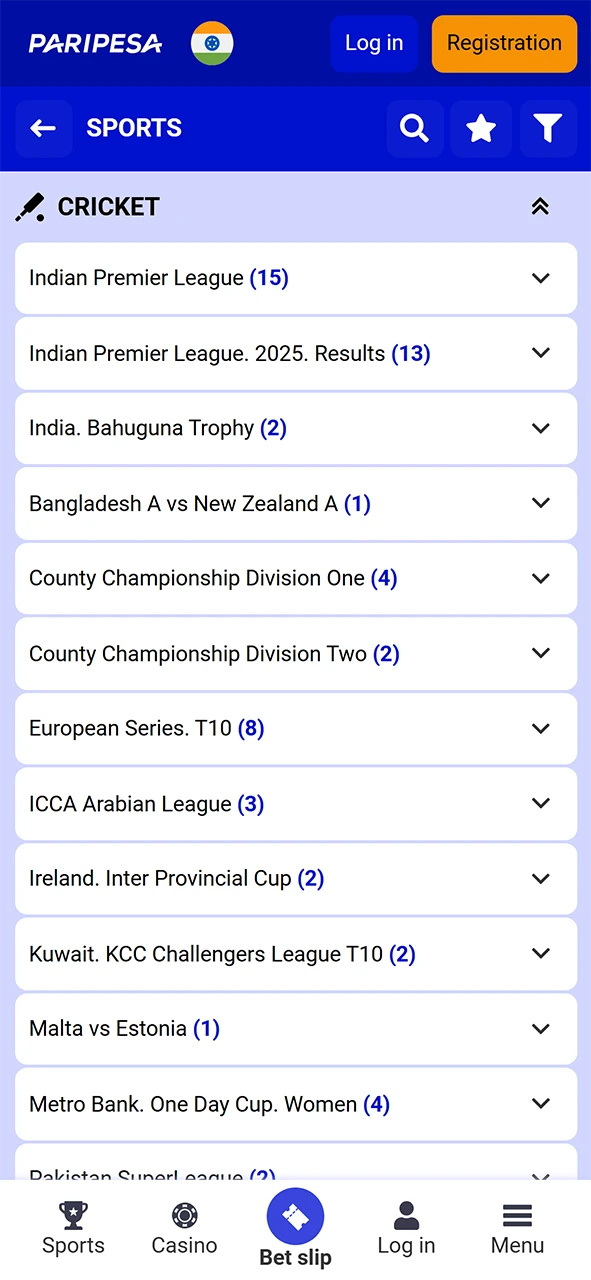 Paripesa cricket betting section.
