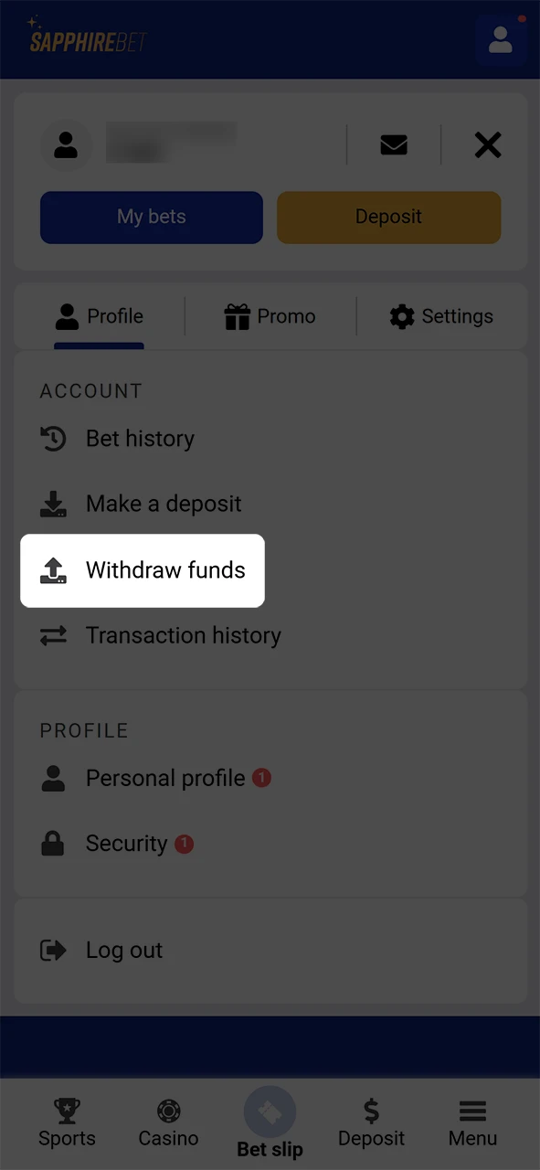 Go to the withdrawal section of SapphireBet.