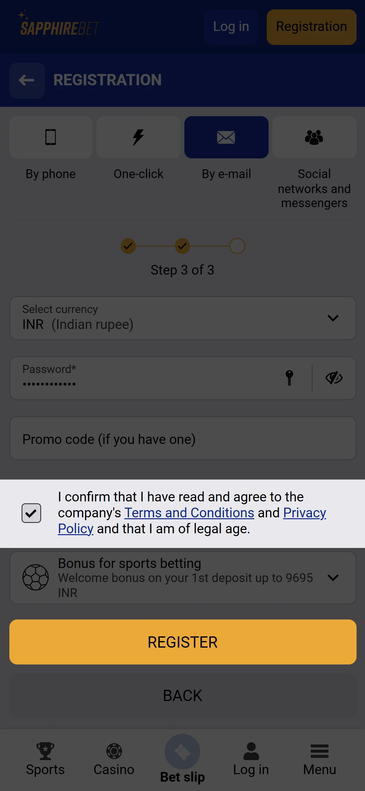 Agree to SapphireBet's rules and complete your registration.