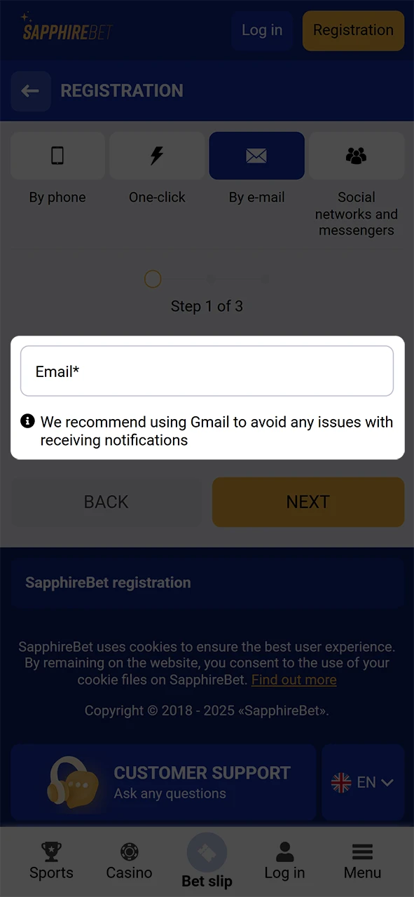 Fill out the information required to register for SapphireBet.