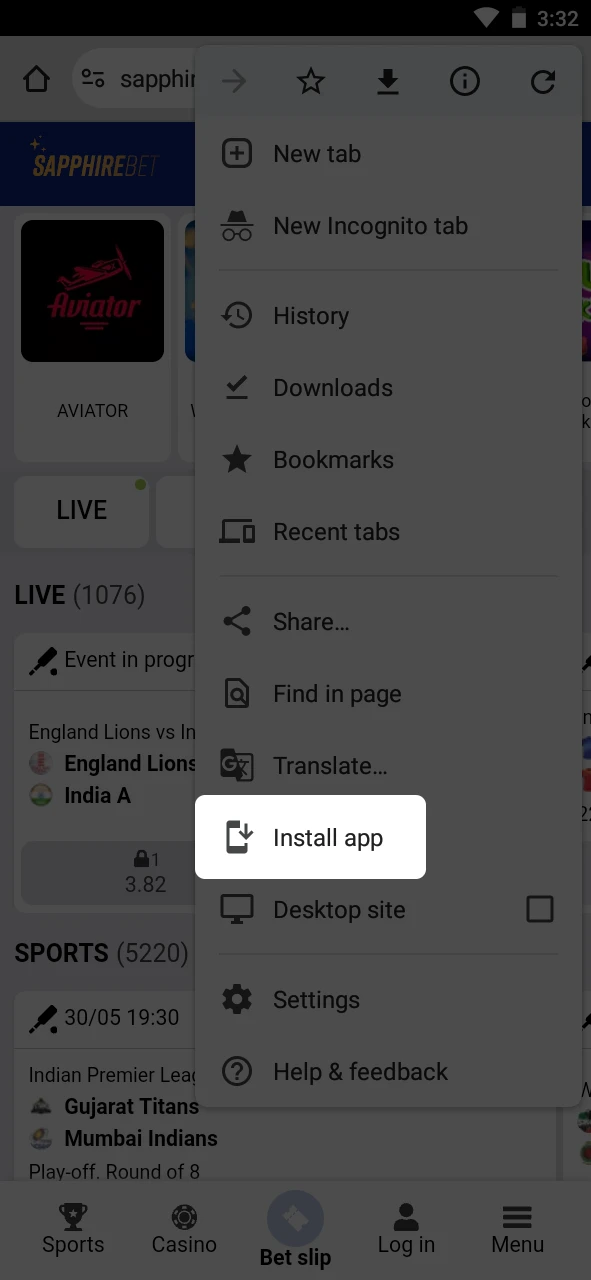 Open your browser menu and add SapphireBet to your home screen.