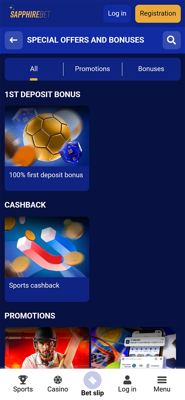 SapphireBet bonus and offers section.