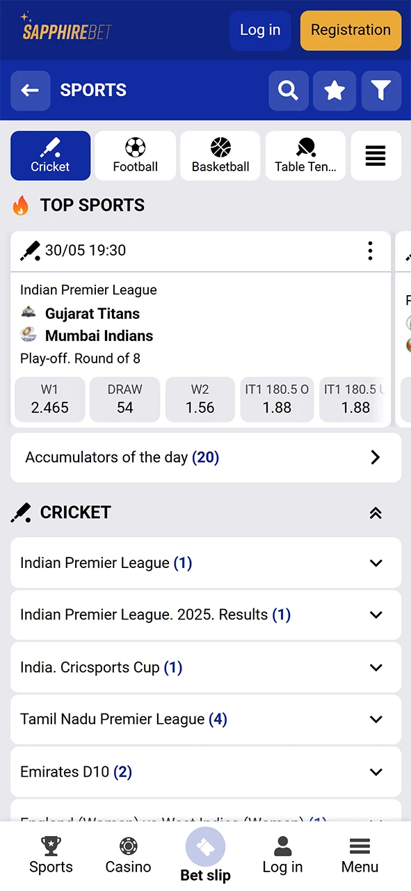 SapphireBet cricket betting section.