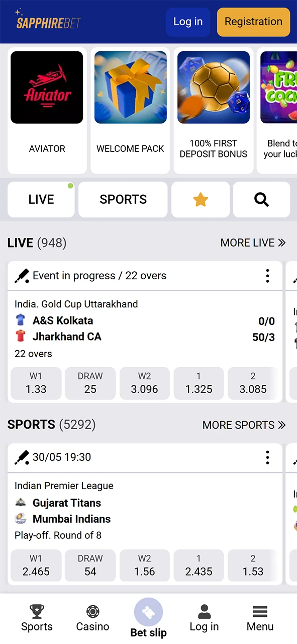 Home page on the SapphireBet app.