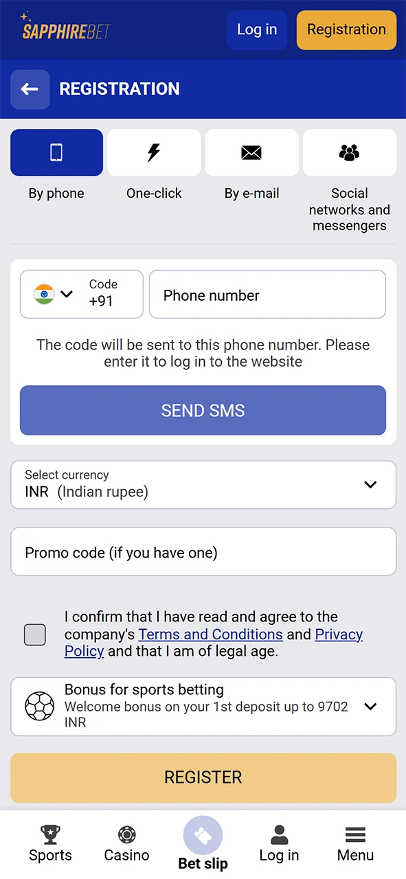 SapphireBet app registration page.