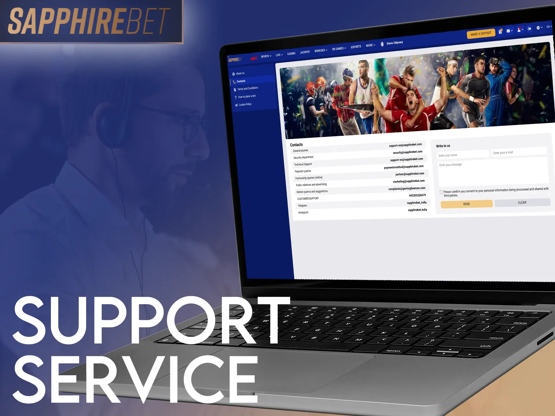SapphireBet offers 24/7 support via live chat, email, and social media.