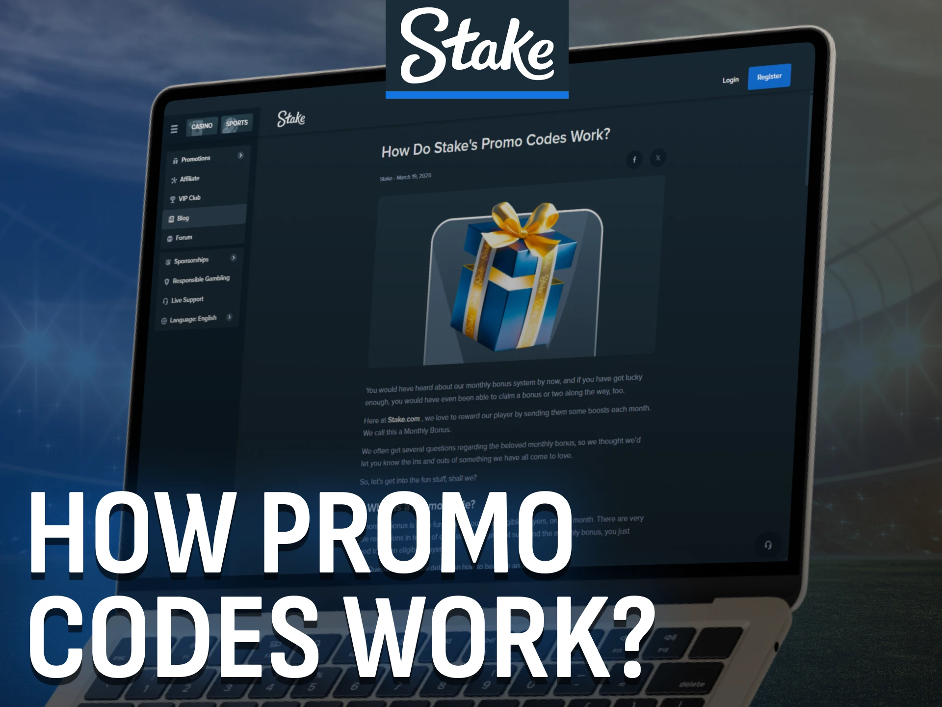 Promo codes at Stake apply bonuses to your account during deposit.