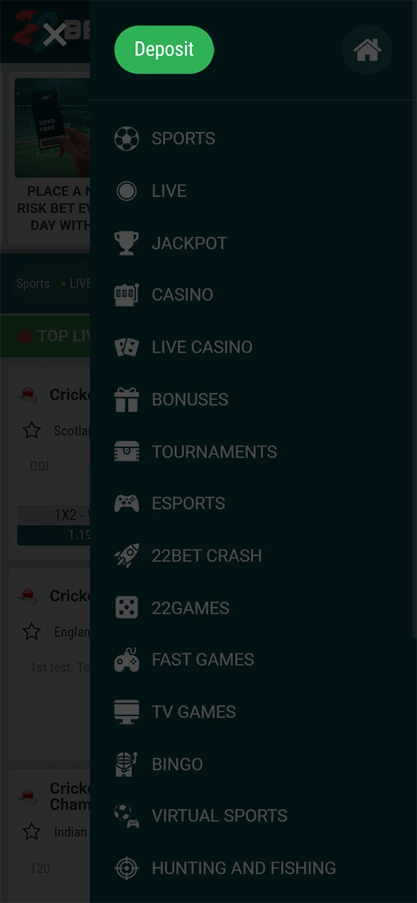 Go to the deposit section of 22Bet.