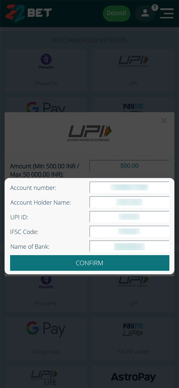 Fill in withdrawal details and confirm on 22Bet.
