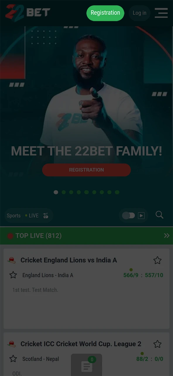 Click on the button to start registration at 22Bet.