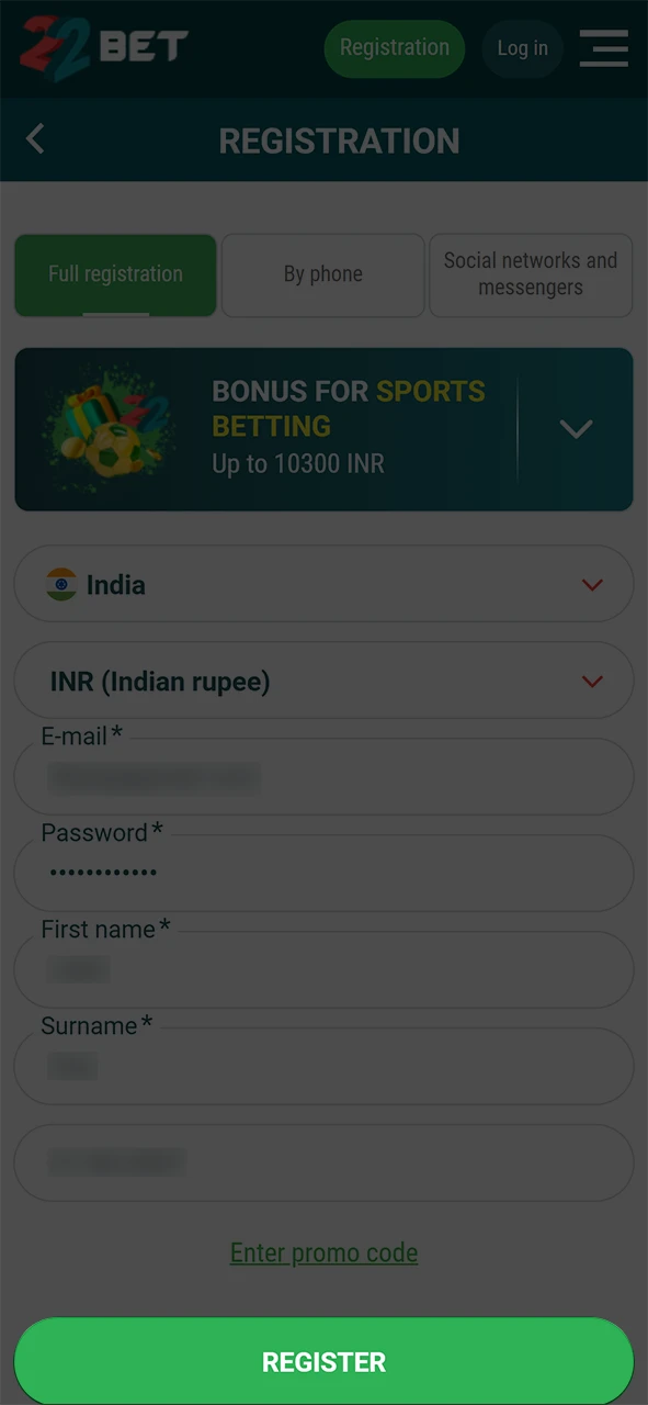 Confirm 22Bet registration.