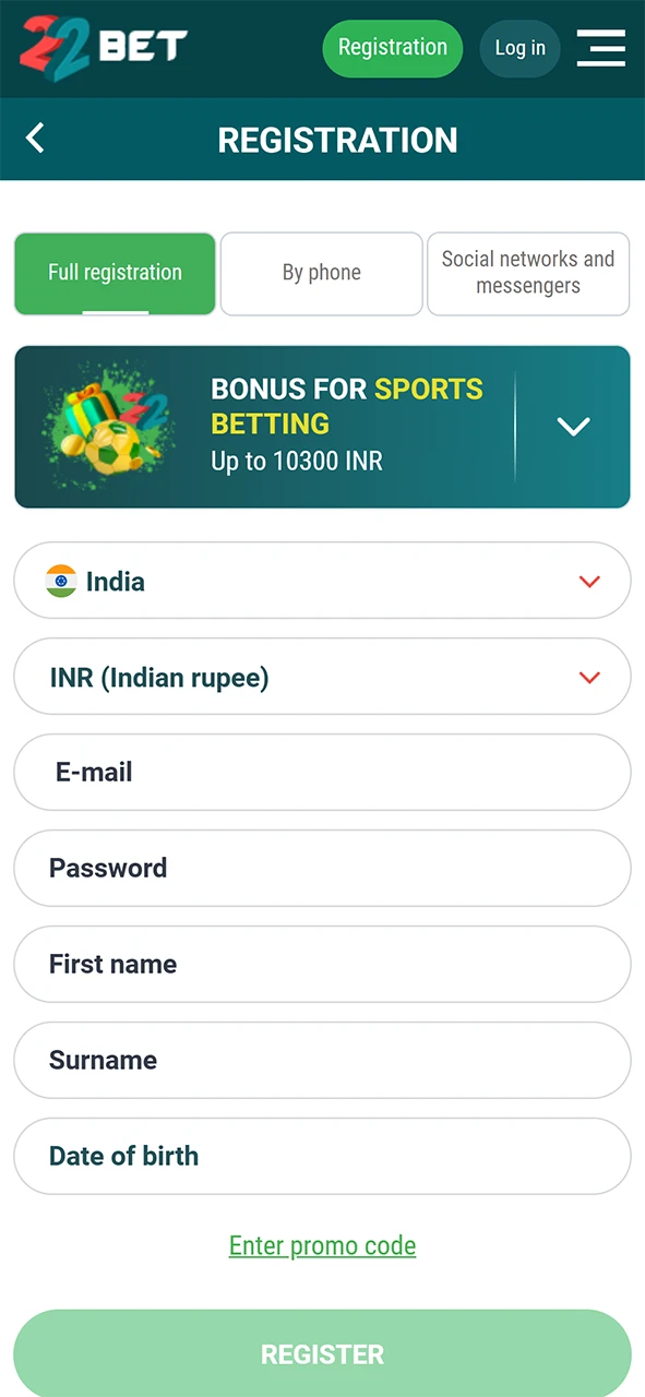 22Bet app registration page.