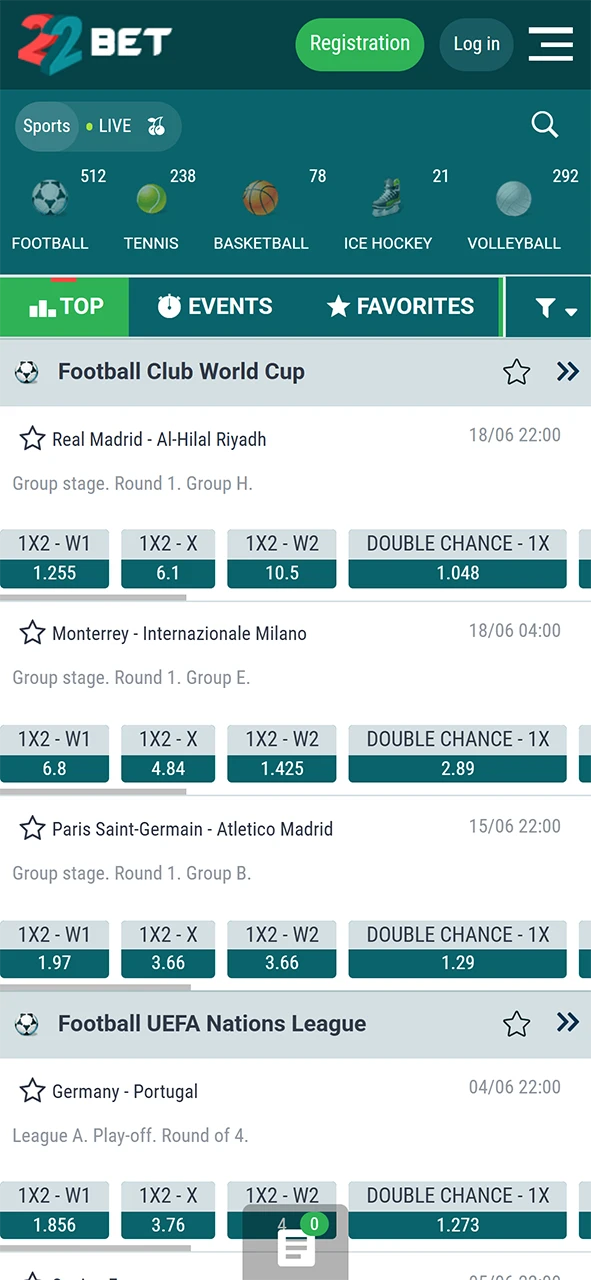 Available sports in the 22Bet app.
