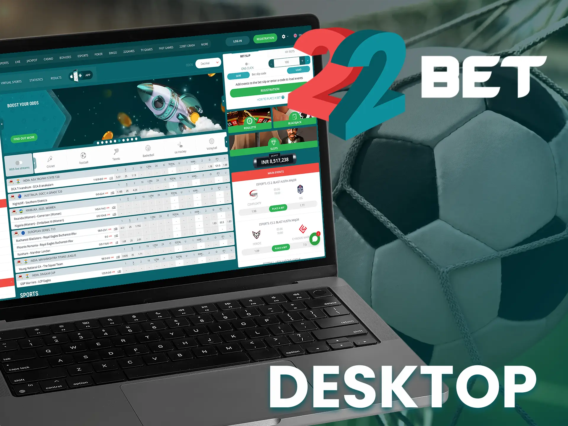The desktop version of 22Bet offers a full range of betting options with easy navigation.