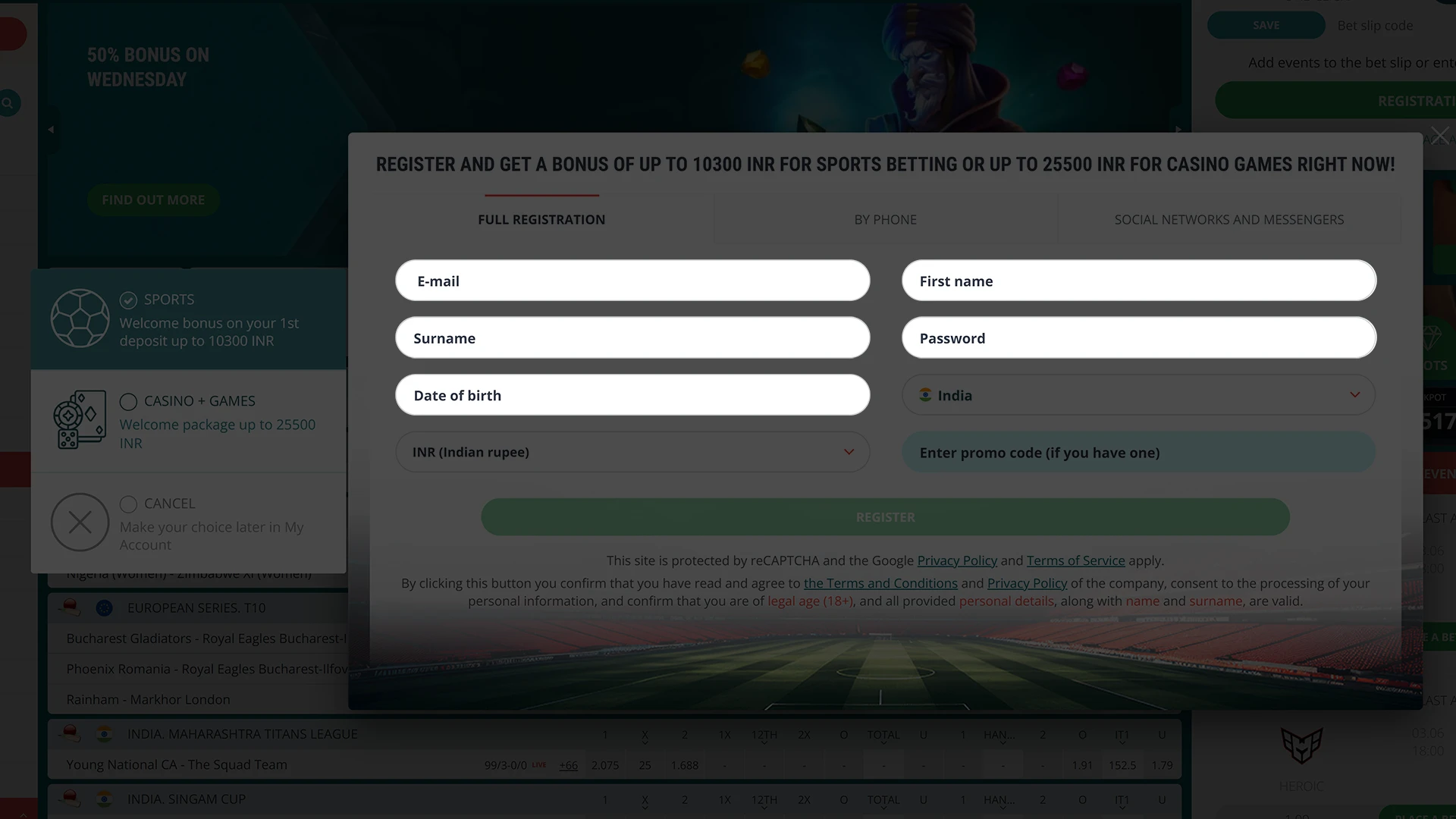 Fill in the required fields to register on 22Bet.