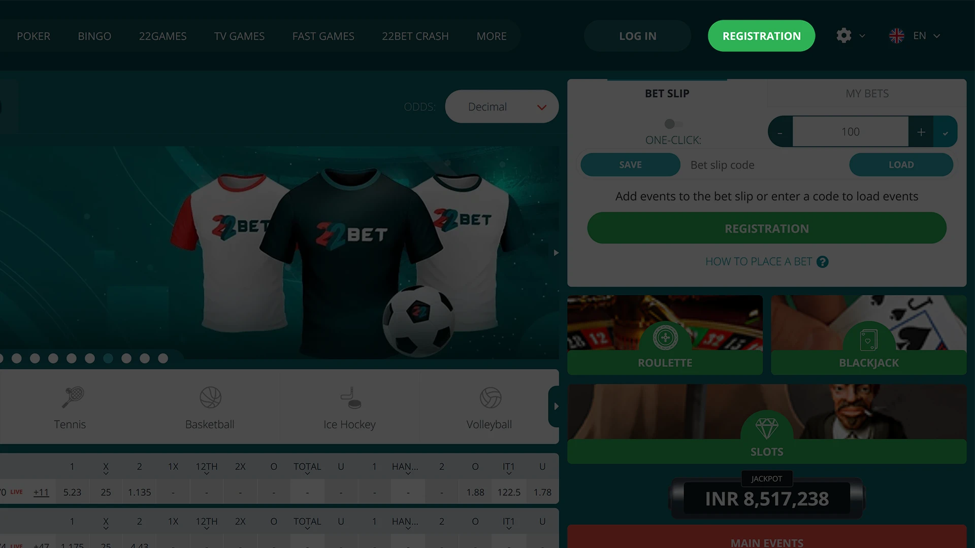 Click on the registration button on the 22Bet homepage.