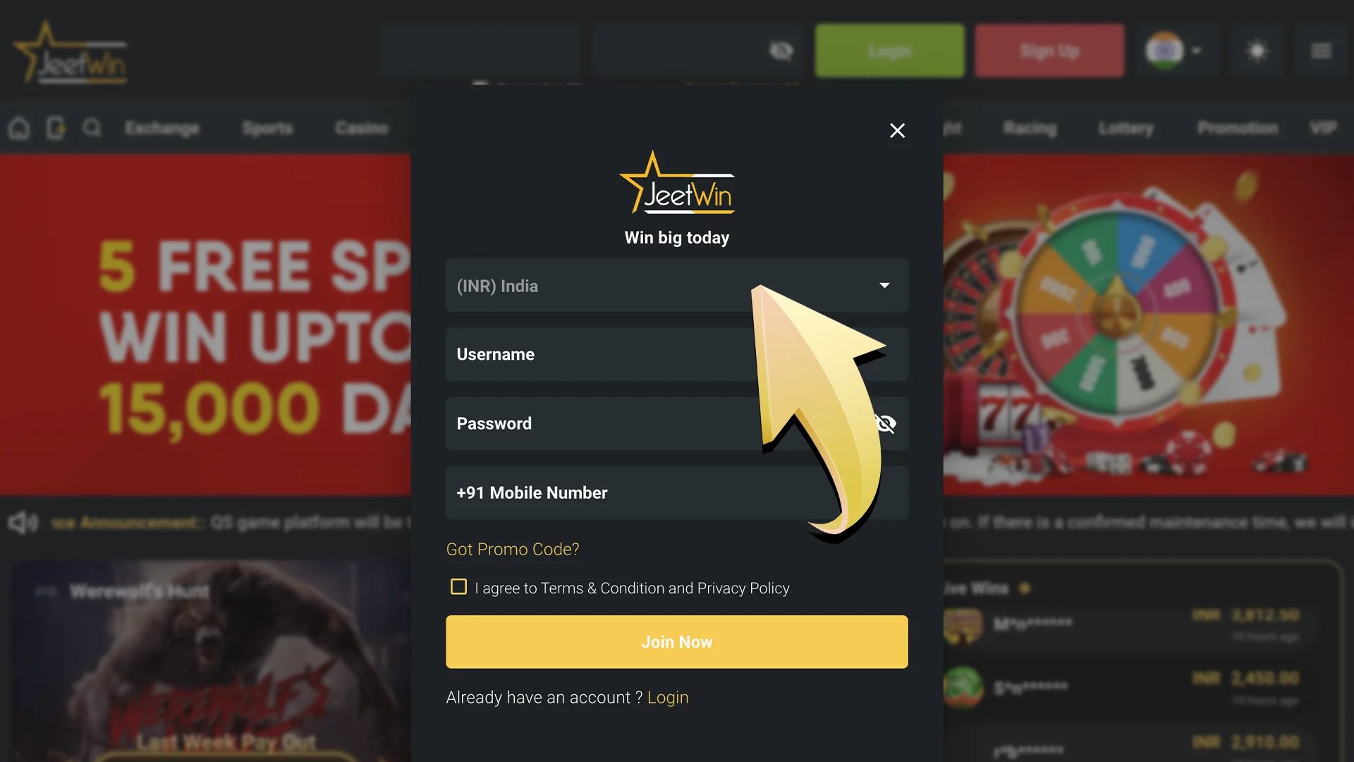 Choose your country to begin registration on Jeetwin.