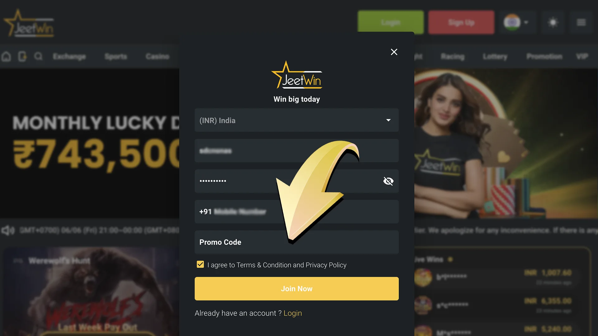 Enter your promo code and claim your Jeetwin bonus.