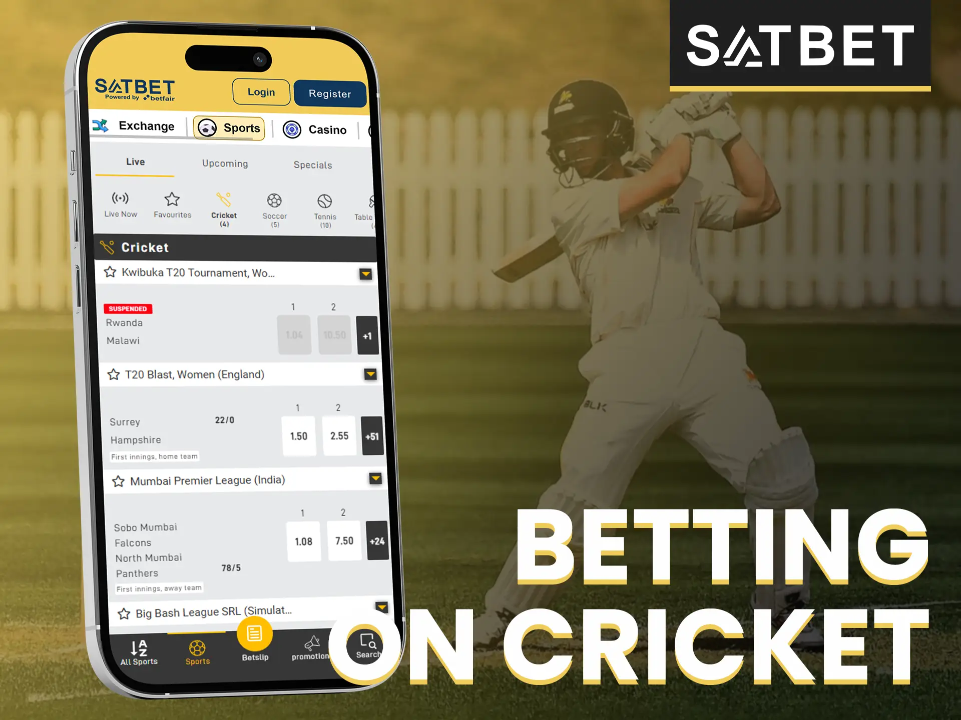 Bet on popular cricket events on the Satbet app.