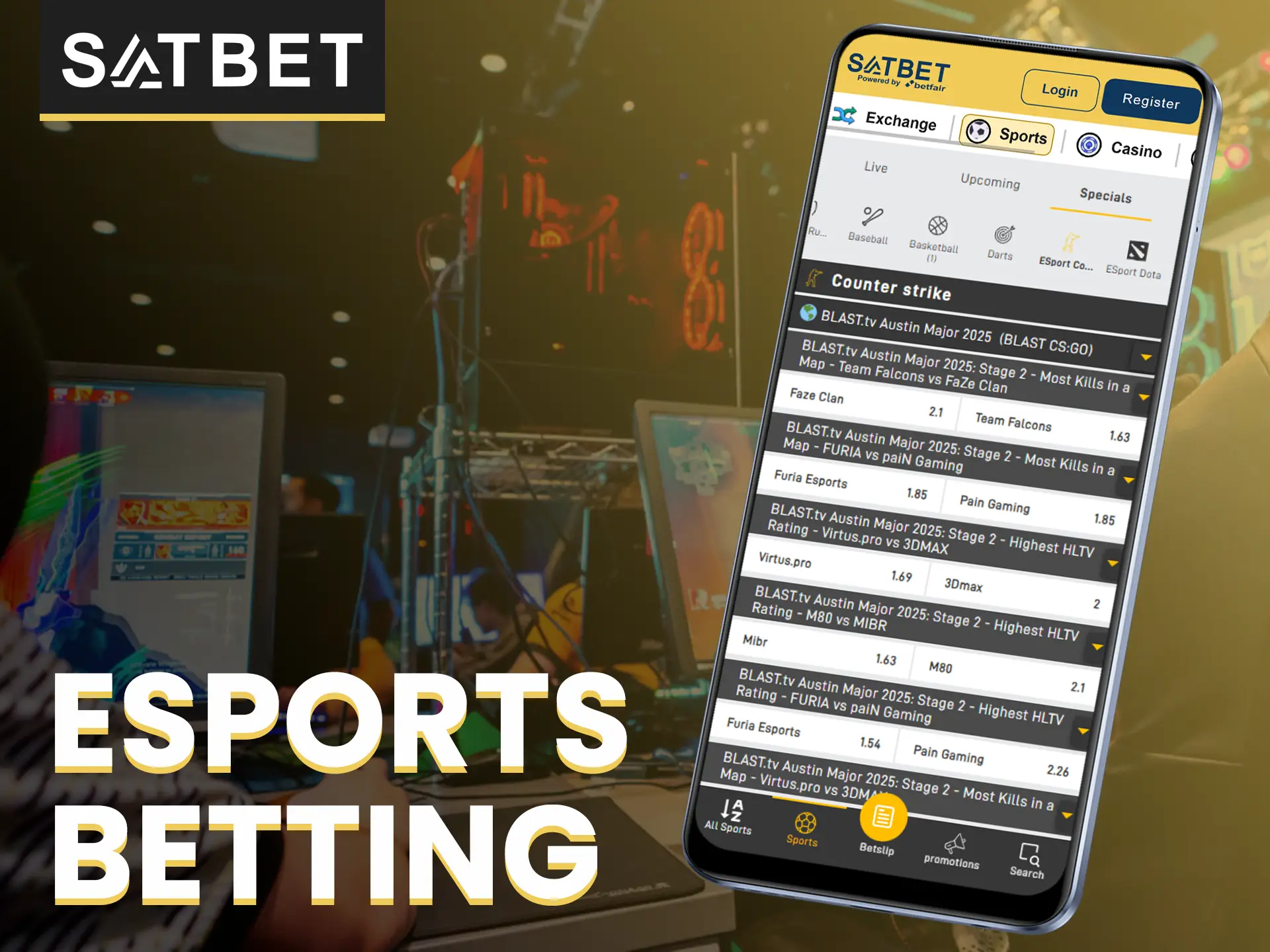 Bet on esports tournaments with a variety of match and player markets on the Satbet app.
