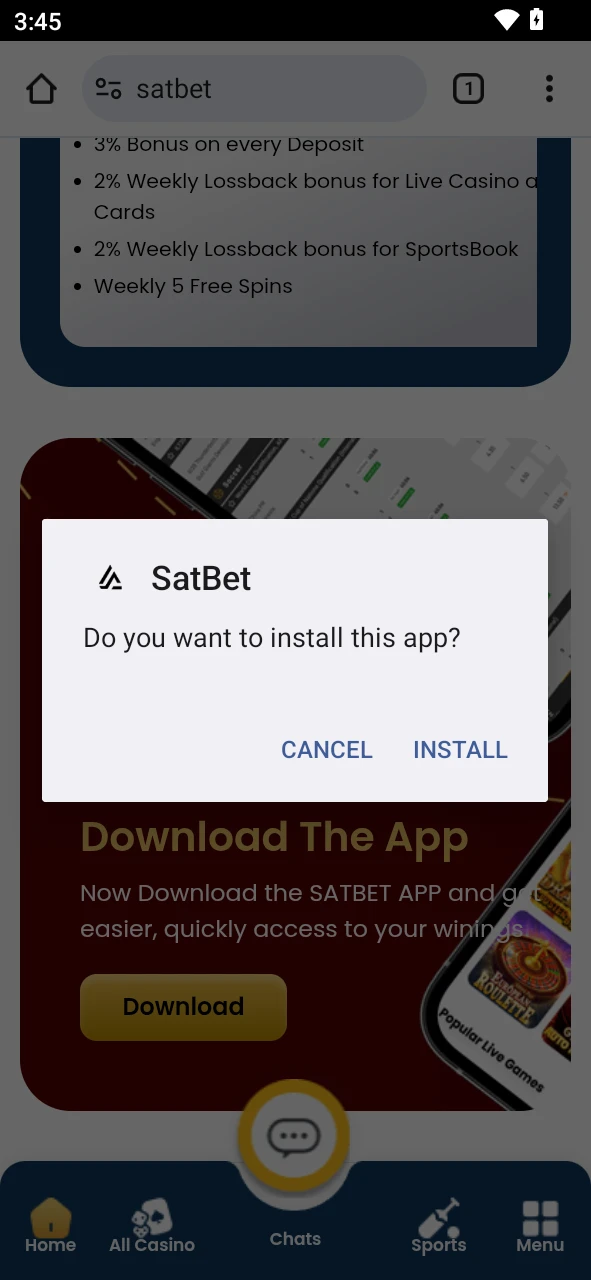 Install Satbet app on your Android device.