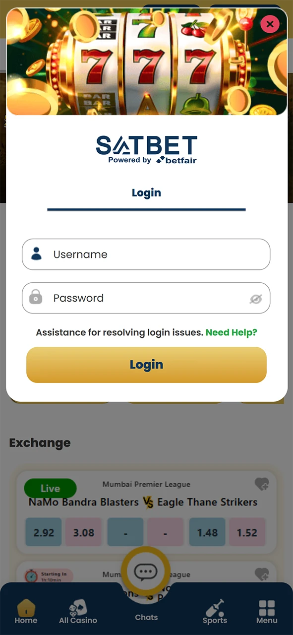 Enter login and password of your account in Satbet app.