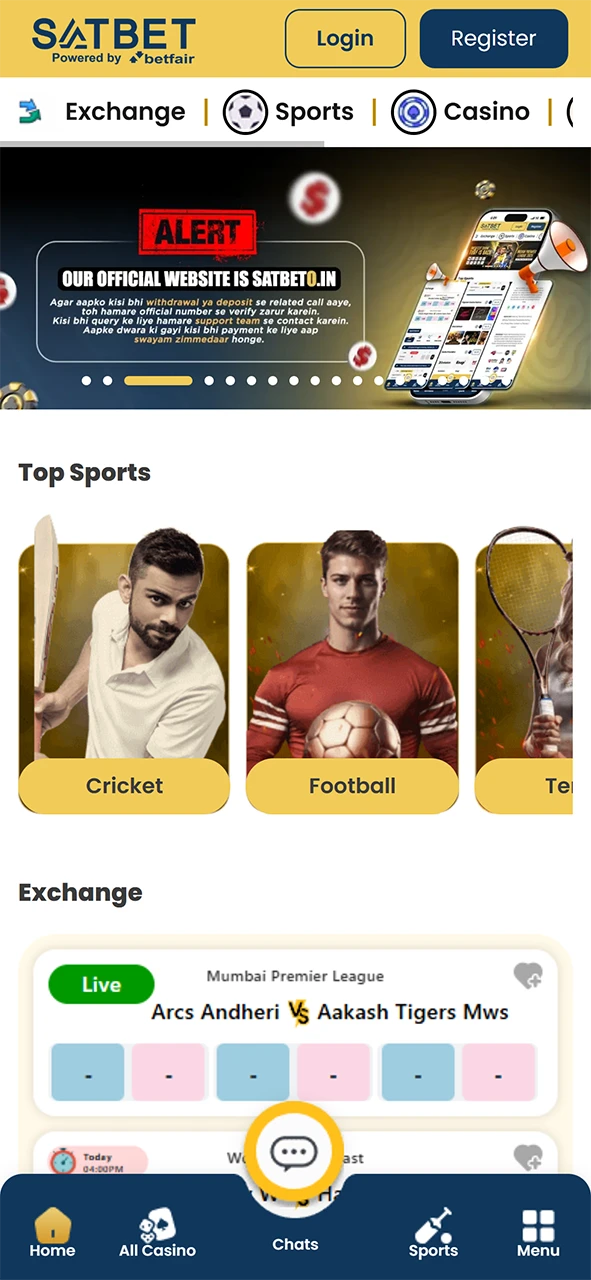 Satbet app home page.