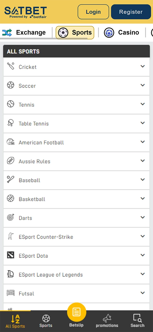Available sports in the Satbet app.