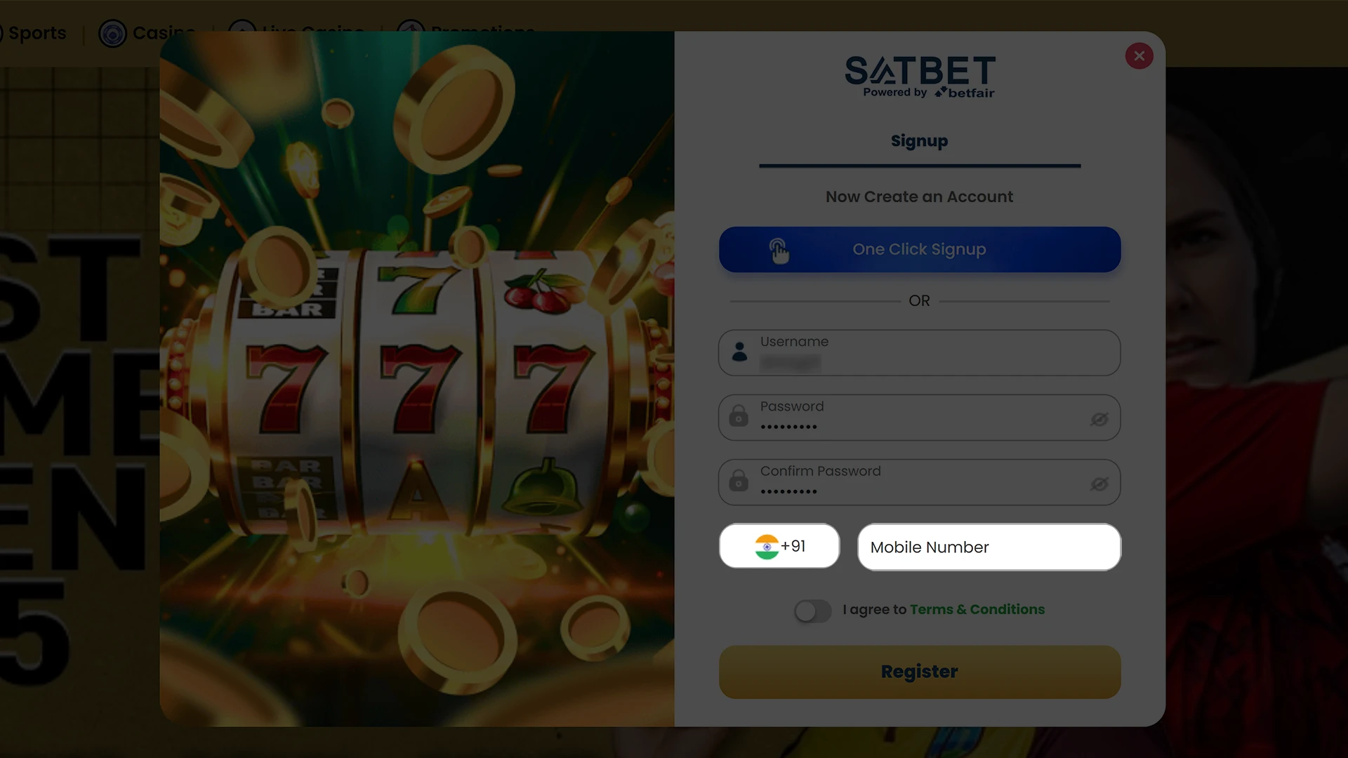 Enter your phone number to register on Satbet.