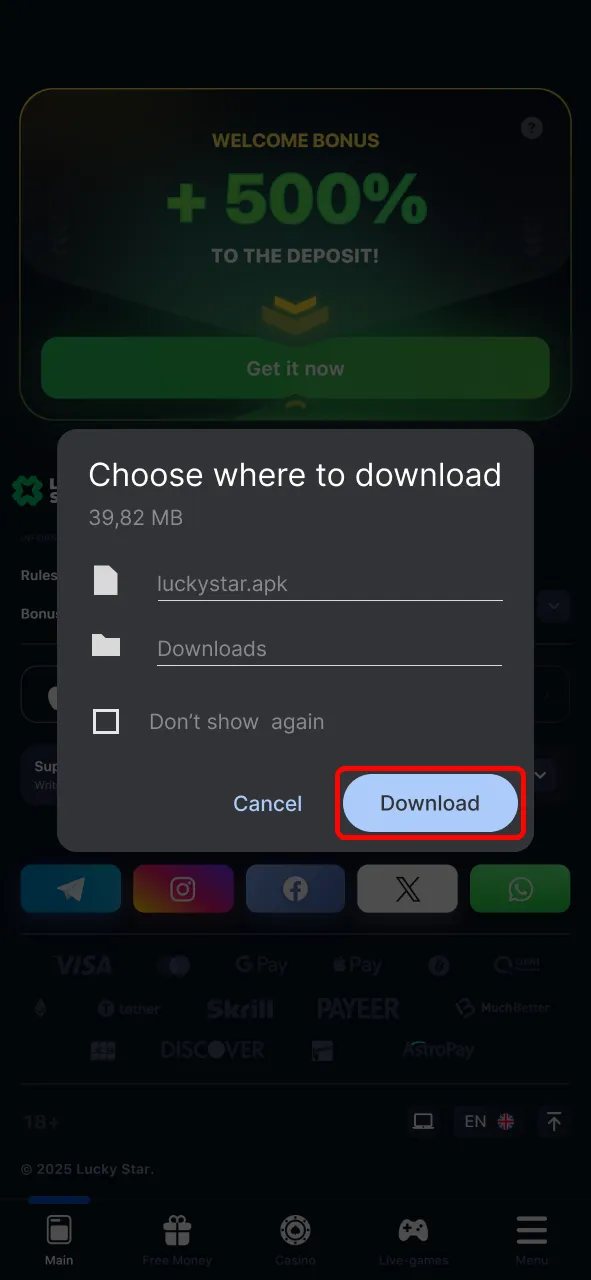 Download the APK file to update your Lucky Star app on Android.