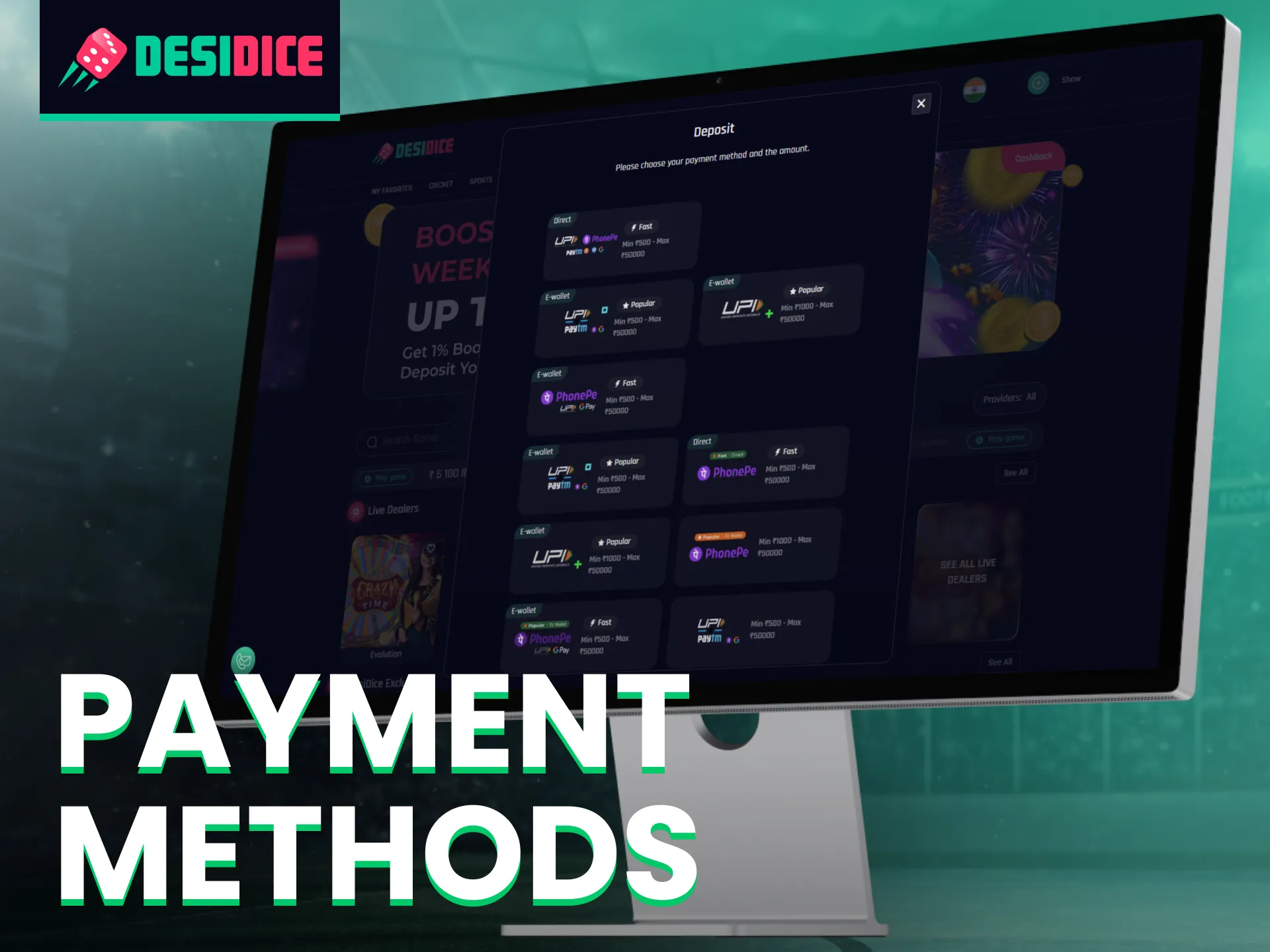 Desidice cashier designed for indian players supporting transactions in indian rupees.