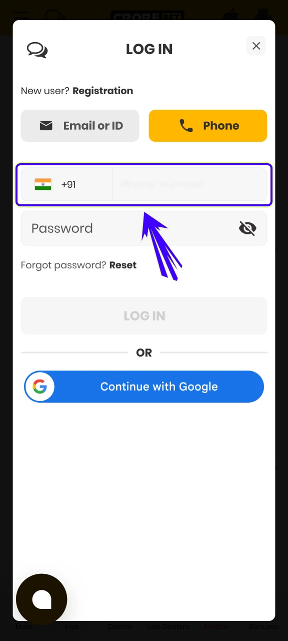 Enter your credentials into the Crorebet App login field for access.