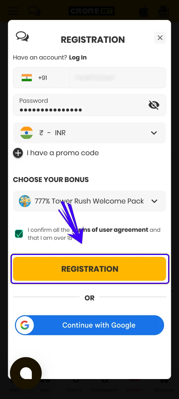 Confirm your Register details to activate the Crorebet App profile.