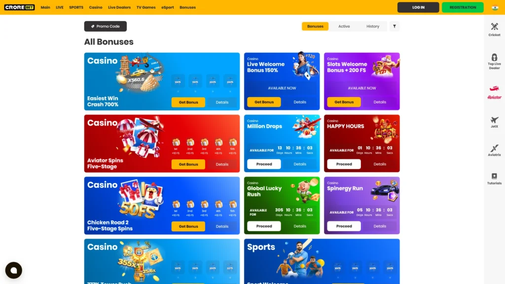 Check the available Crorebet bonuses to boost your initial deposit.