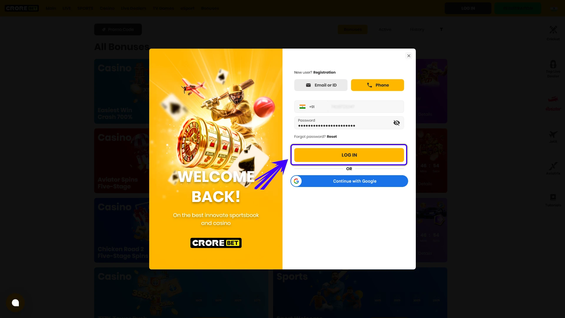 Confirm entered personal details to access the Crorebet account in India.