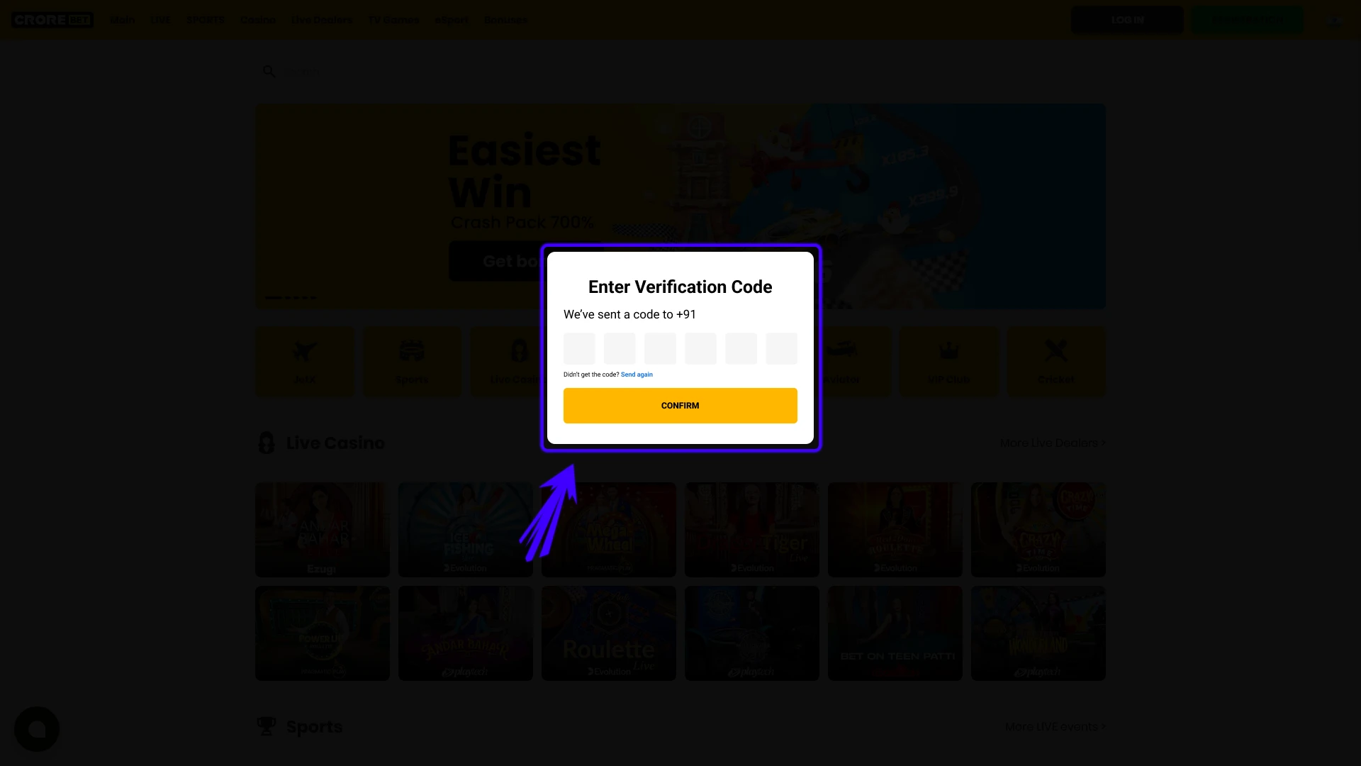 Verify your newly Sign Up account on Crorebet with the code.