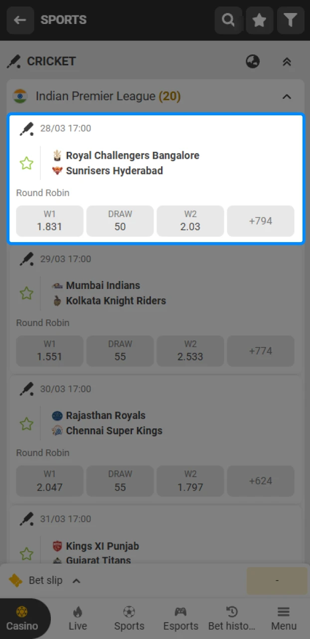 How to tap the button to place a bet or select odds on an IPL betting app.