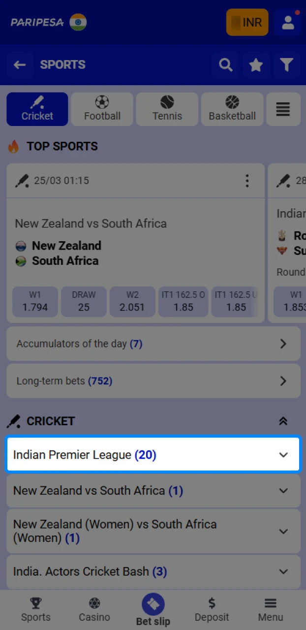 Navigating to the deposit or cashier section within an IPL betting app on a mobile device.