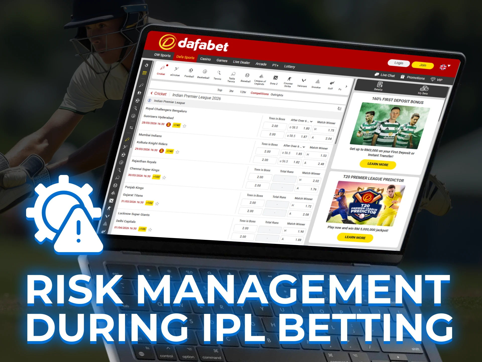 An infographic or warning banner highlighting the risks of IPL betting, including financial loss, addiction, and the importance of responsible gambling for the 2026 season.